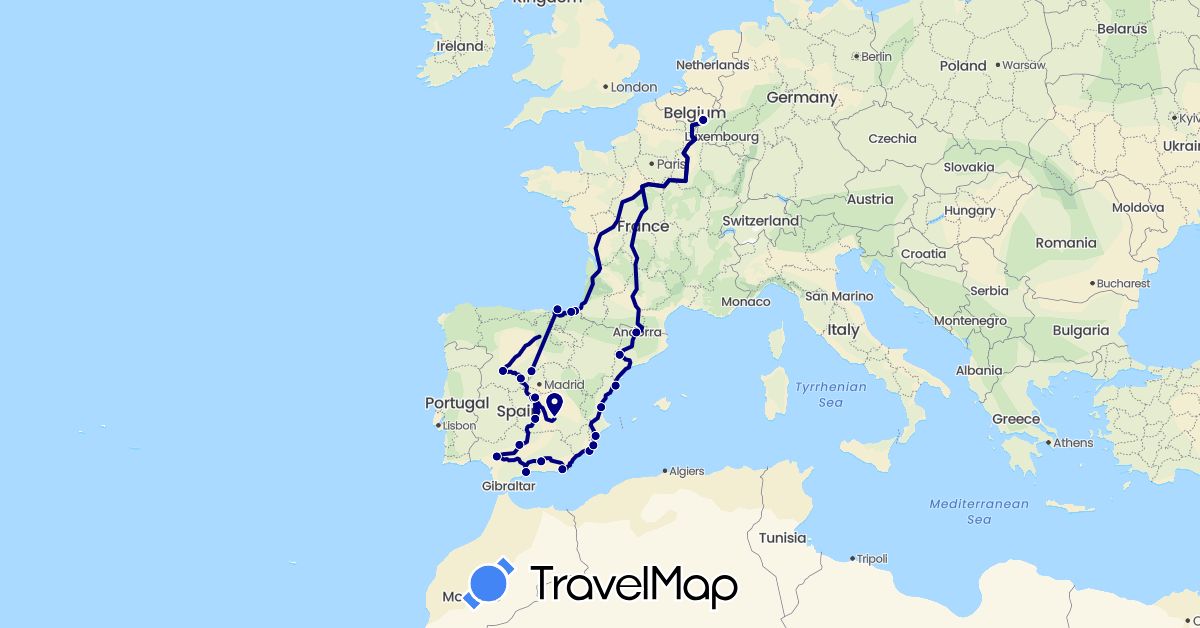 TravelMap itinerary: driving in Andorra, Belgium, Spain, France (Europe)